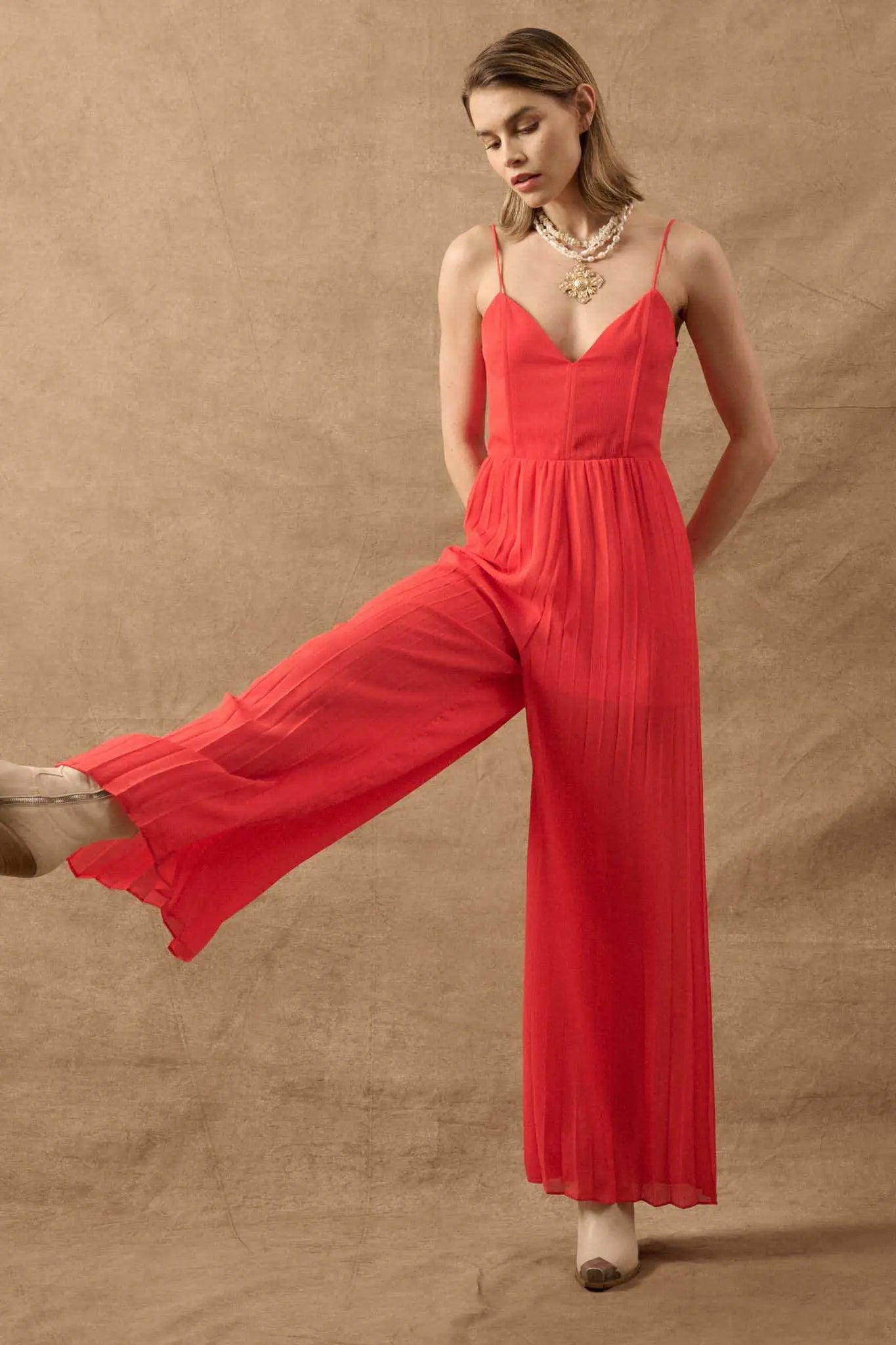 In Vogue Accordion Pleated Wide-Leg Corset Jumpsuit