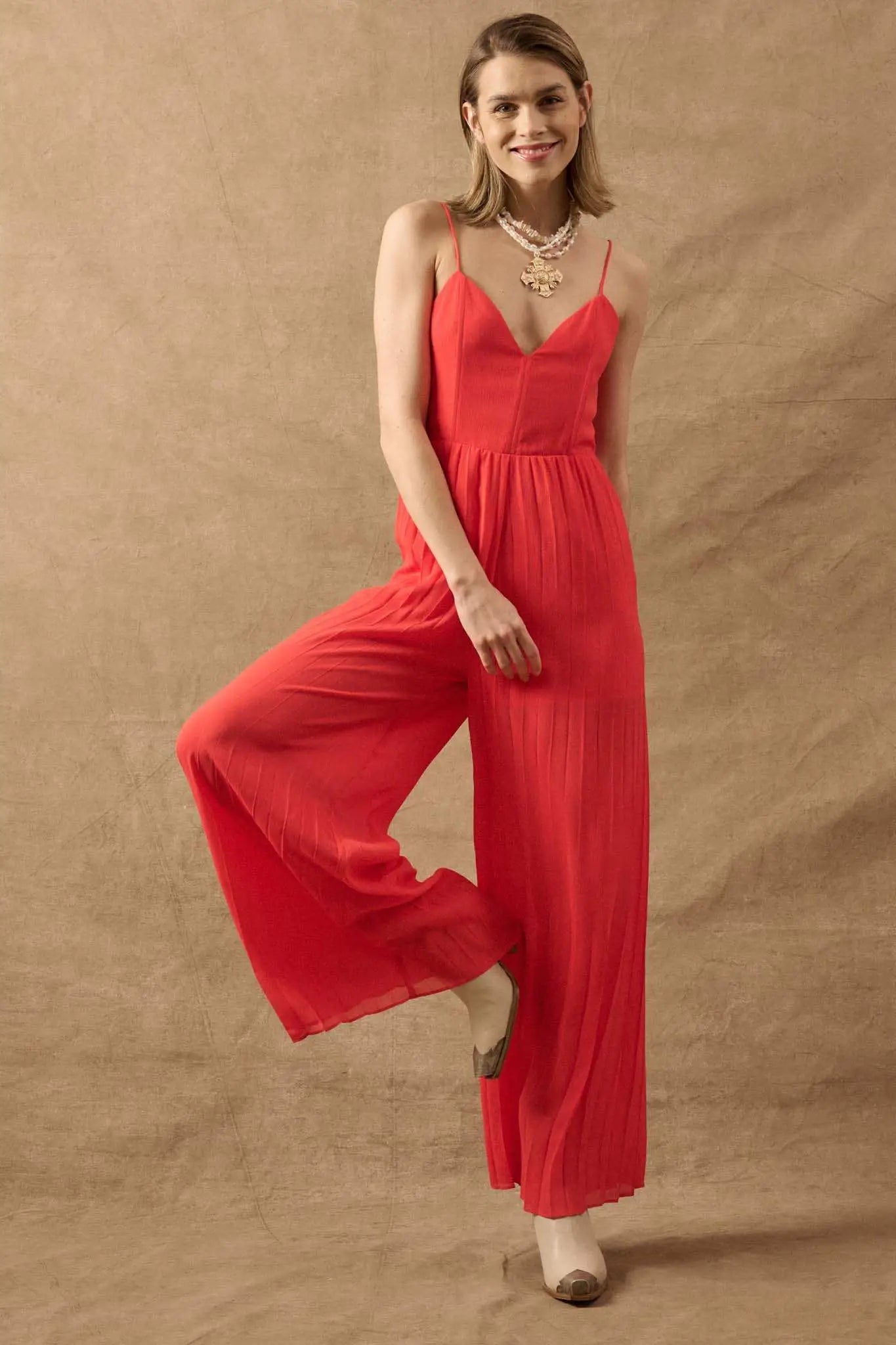 In Vogue Accordion Pleated Wide-Leg Corset Jumpsuit