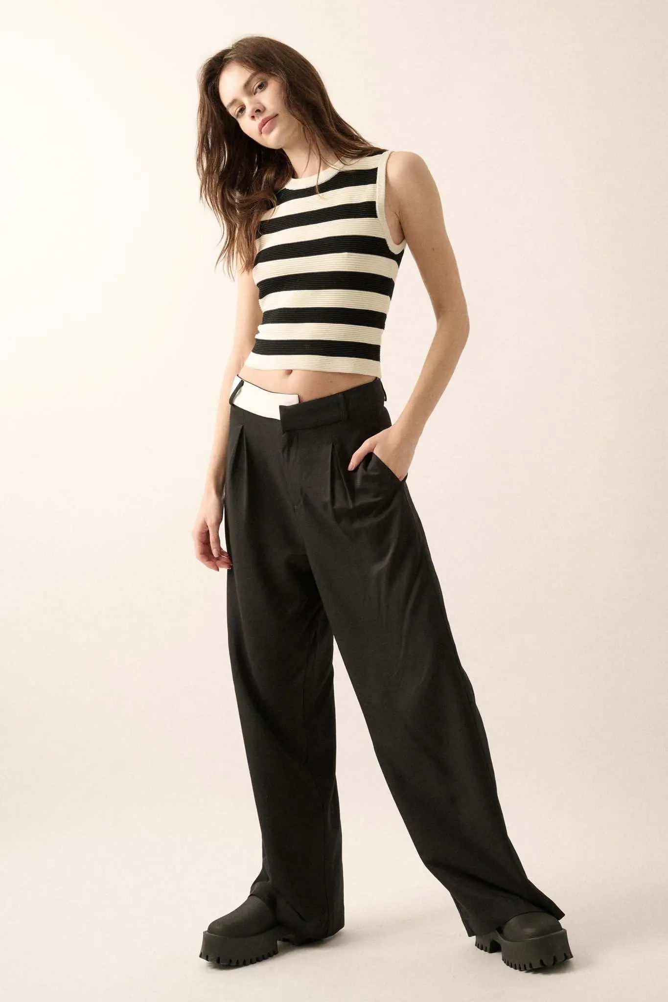 Making Strides Asymmetrical-Waist Pleated Pants