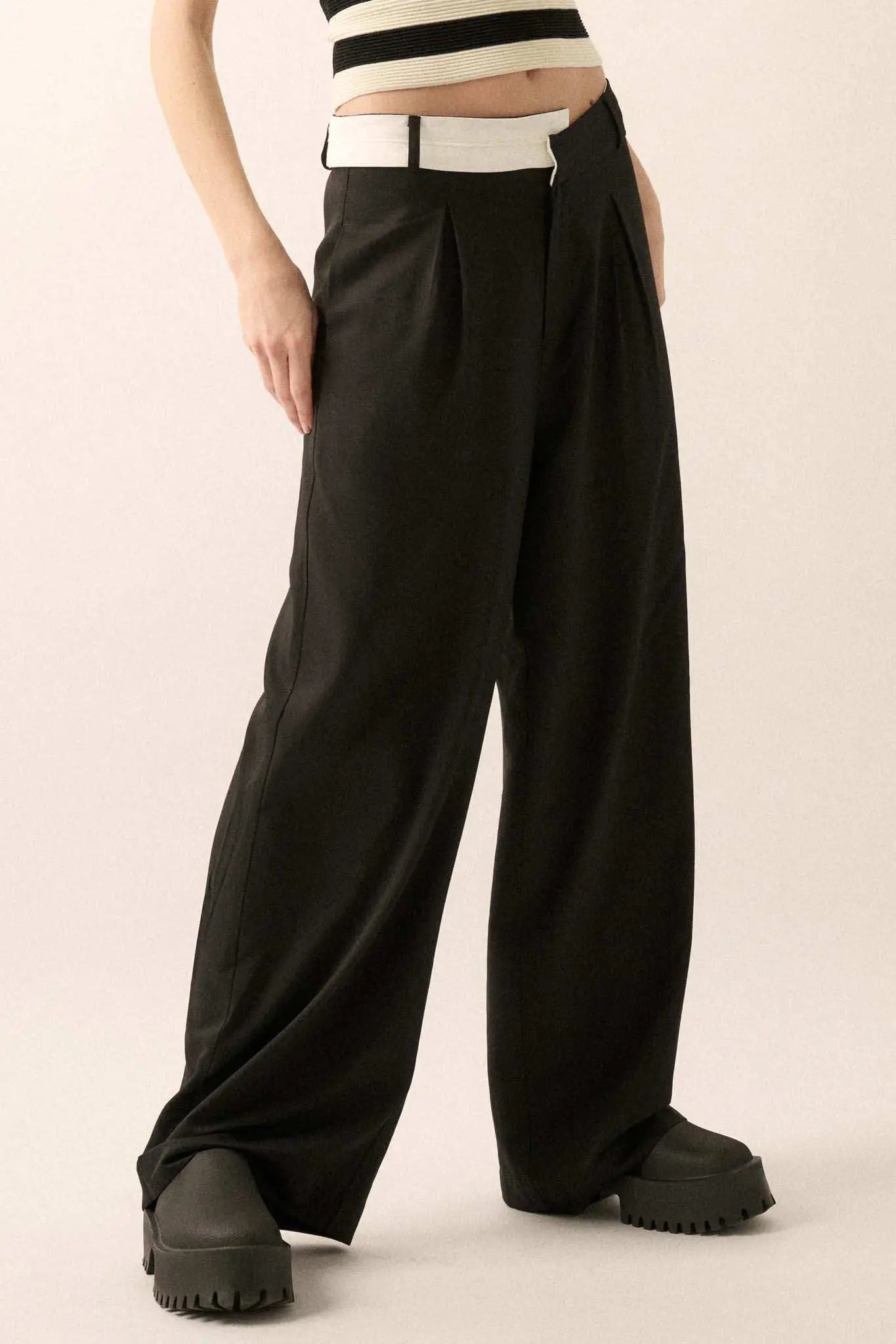Making Strides Asymmetrical-Waist Pleated Pants