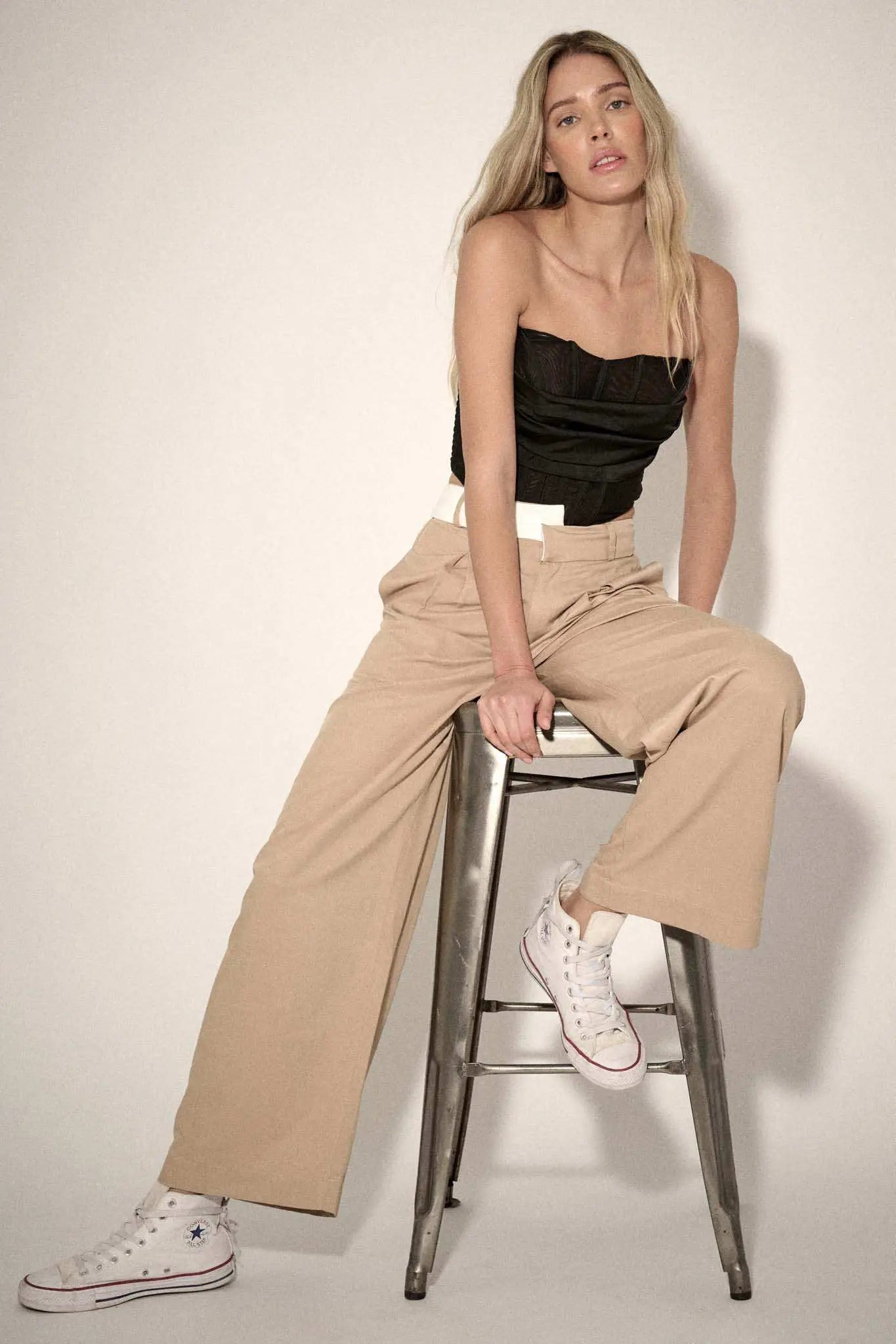 Making Strides Asymmetrical-Waist Pleated Pants
