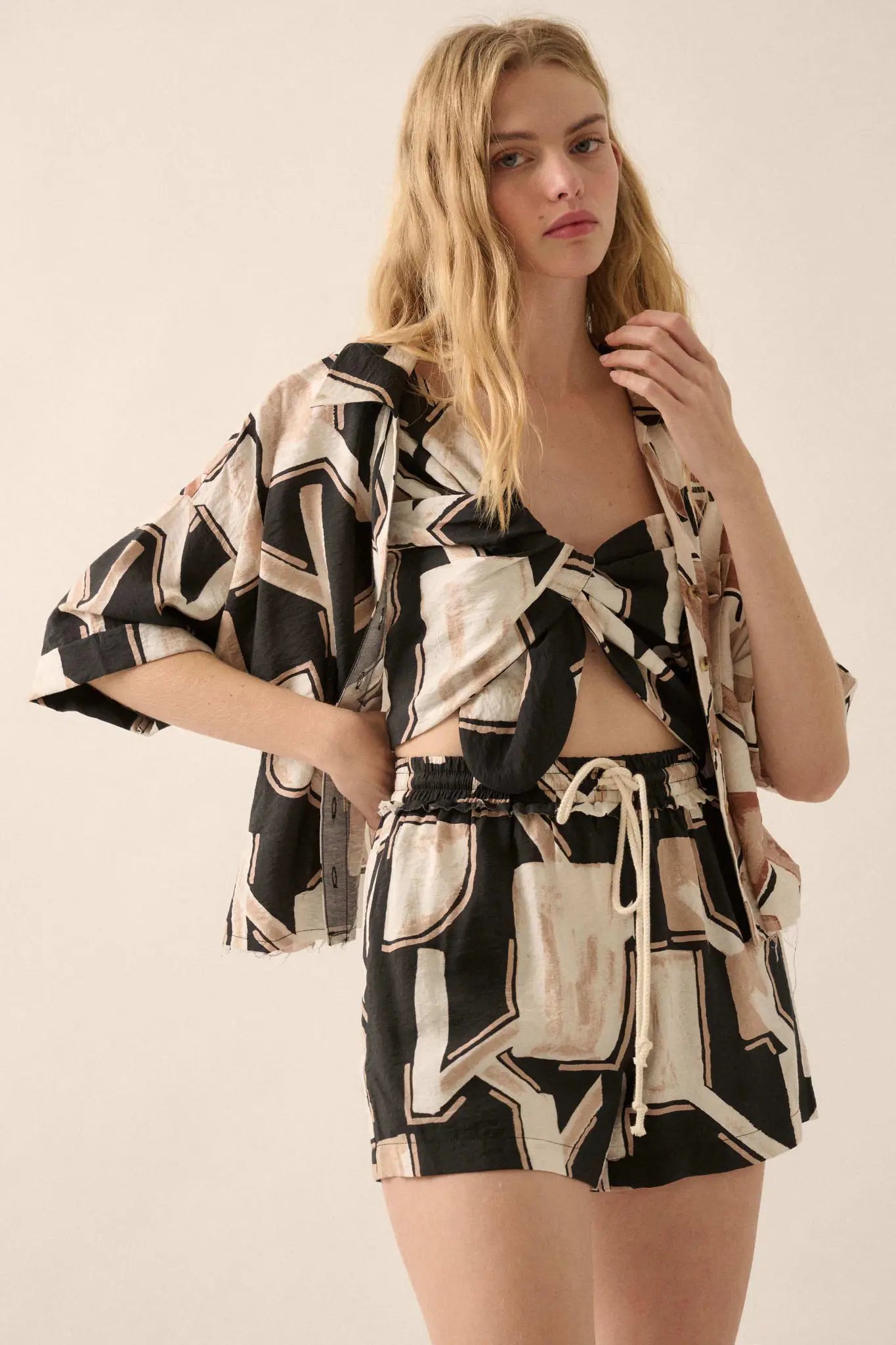 Faraway Places Abstract-Print Drawstring Shorts