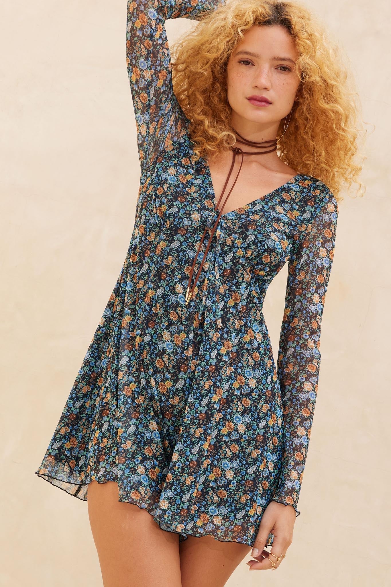Bright Breeze Floral Mesh Long-Sleeve Romper