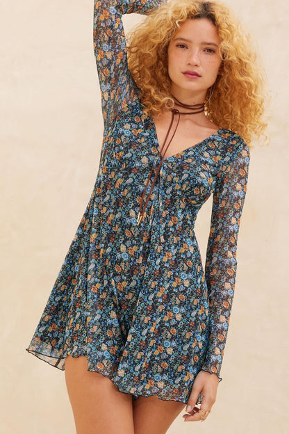 Bright Breeze Floral Mesh Long-Sleeve Romper