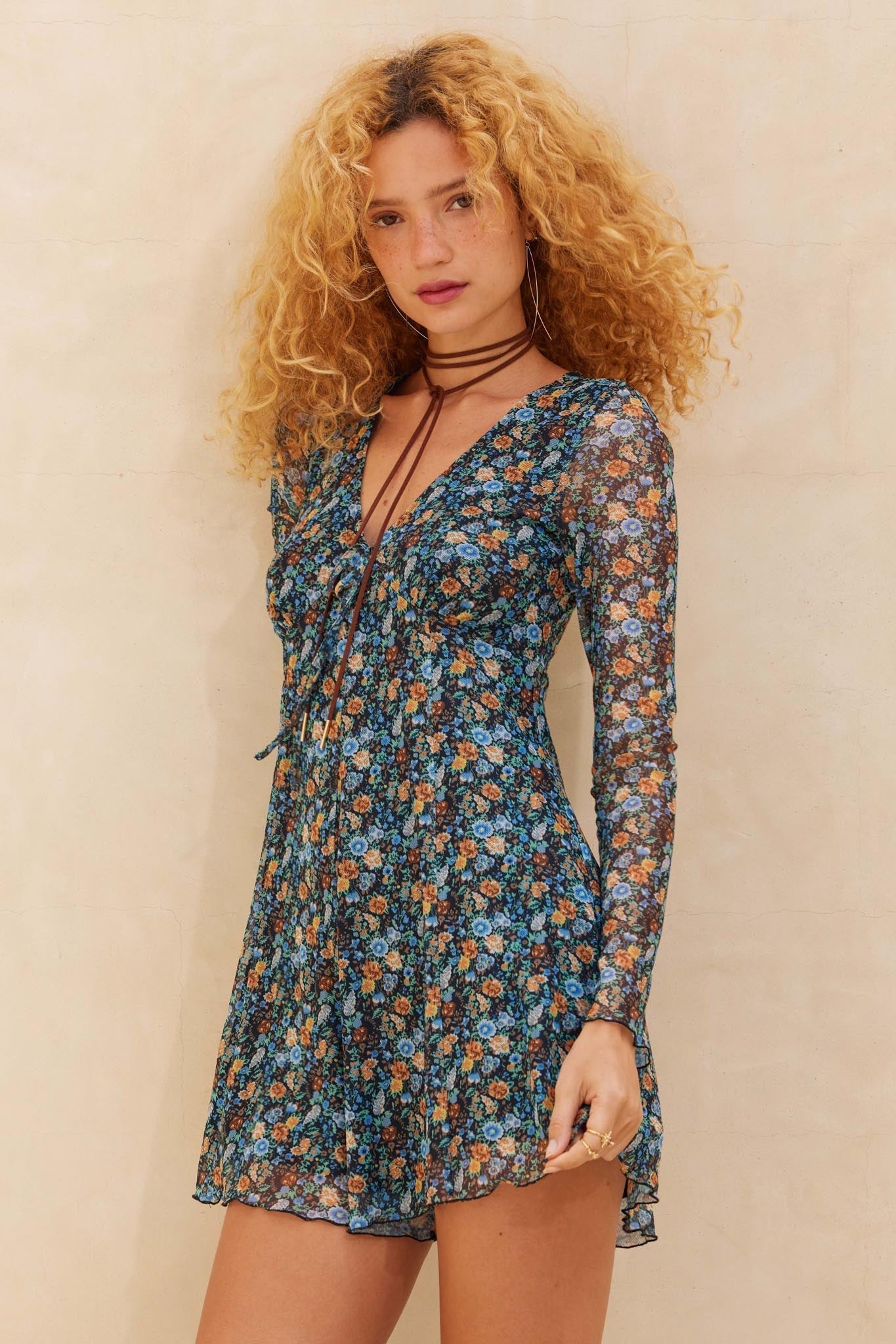 Bright Breeze Floral Mesh Long-Sleeve Romper