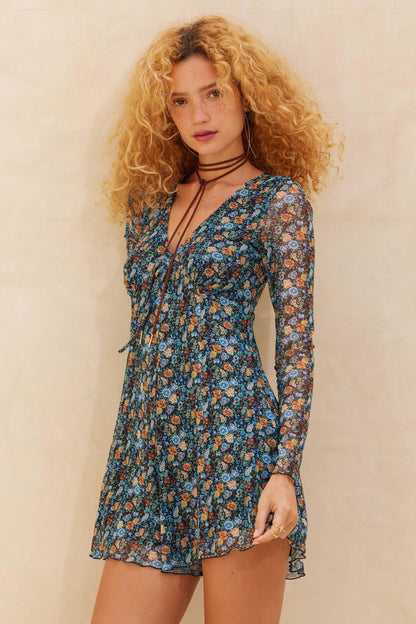 Bright Breeze Floral Mesh Long-Sleeve Romper