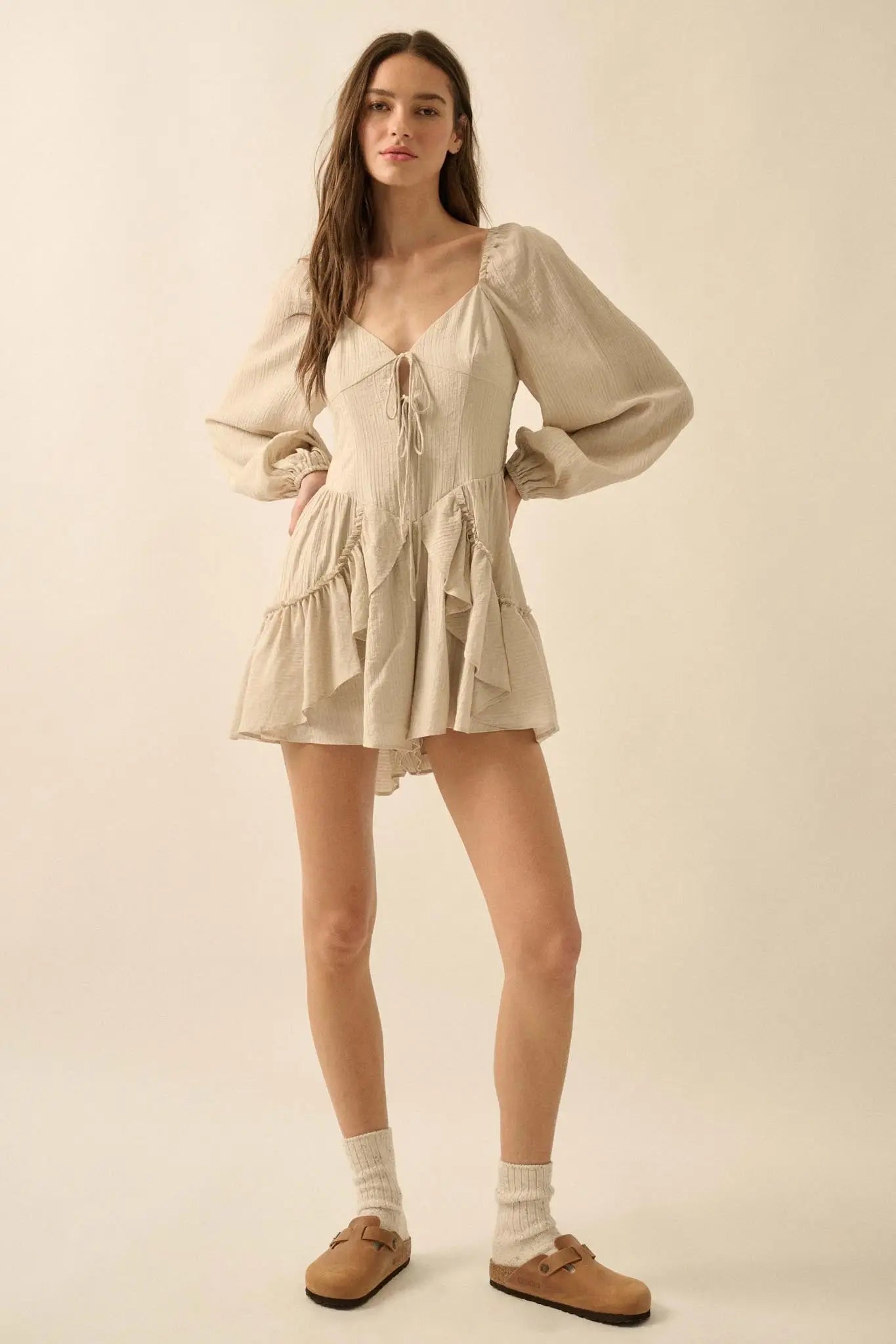 Lost in Love Tie-Front Ruffled Peasant Romper