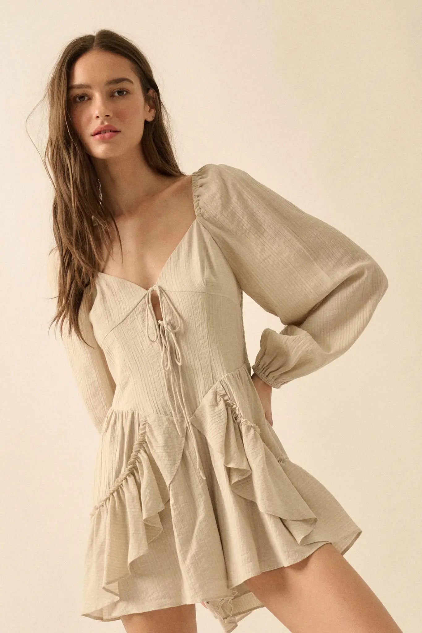 Lost in Love Tie-Front Ruffled Peasant Romper