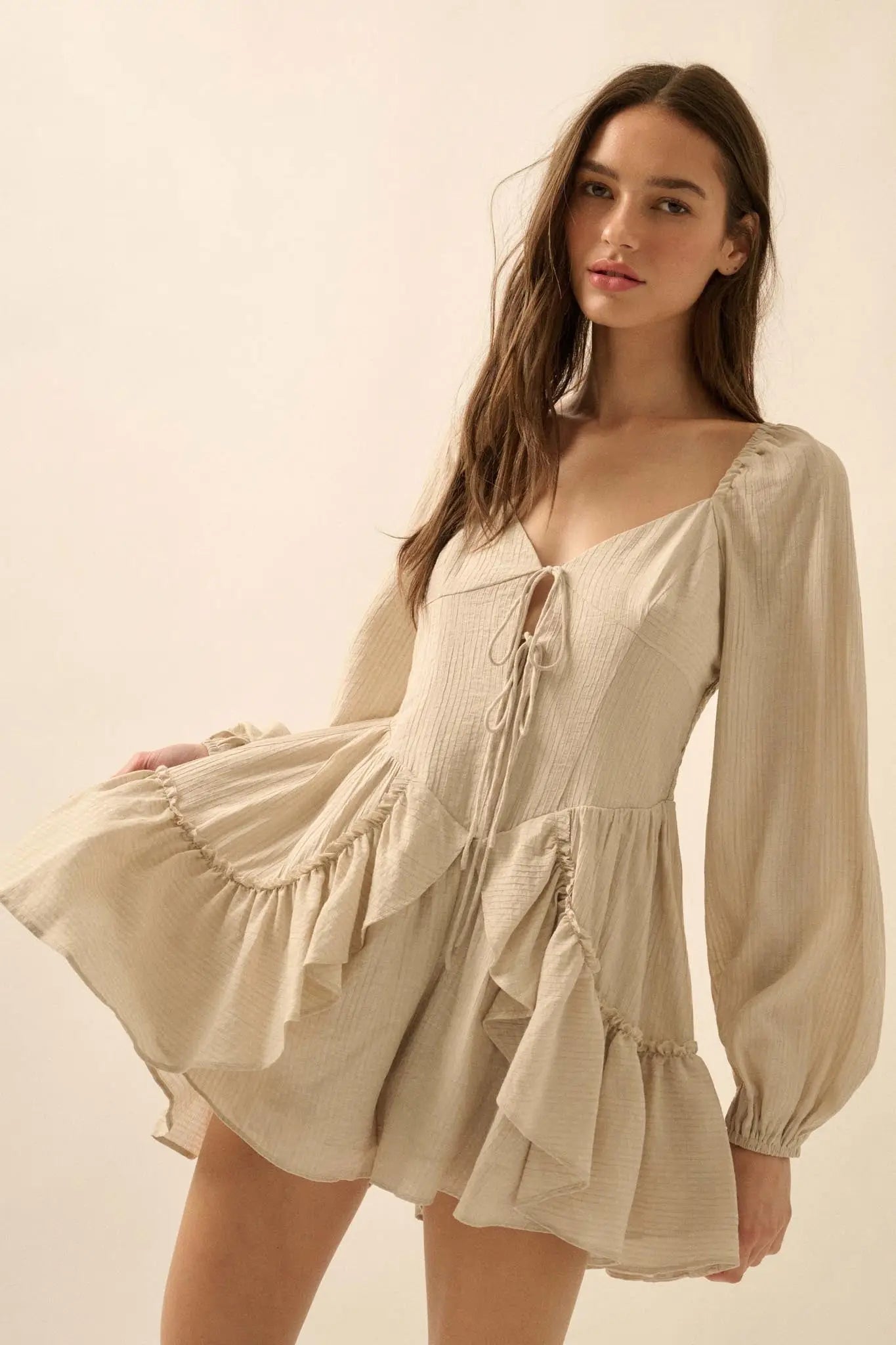 Lost in Love Tie-Front Ruffled Peasant Romper