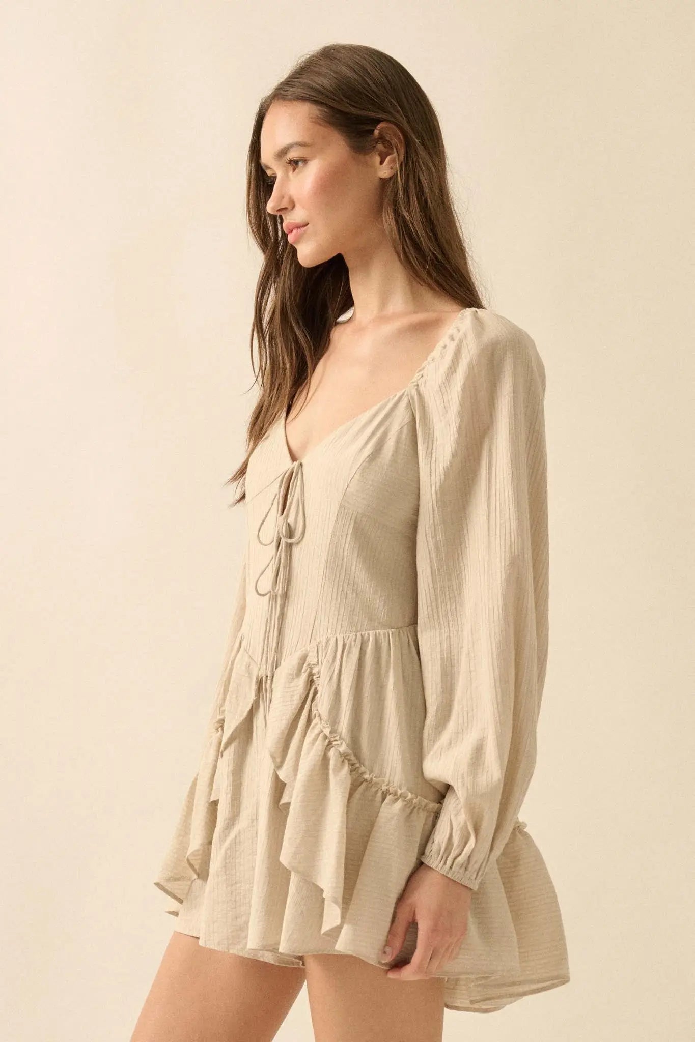 Lost in Love Tie-Front Ruffled Peasant Romper