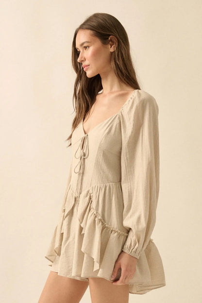 Lost in Love Tie-Front Ruffled Peasant Romper