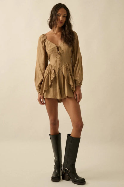 Lost in Love Tie-Front Ruffled Peasant Romper