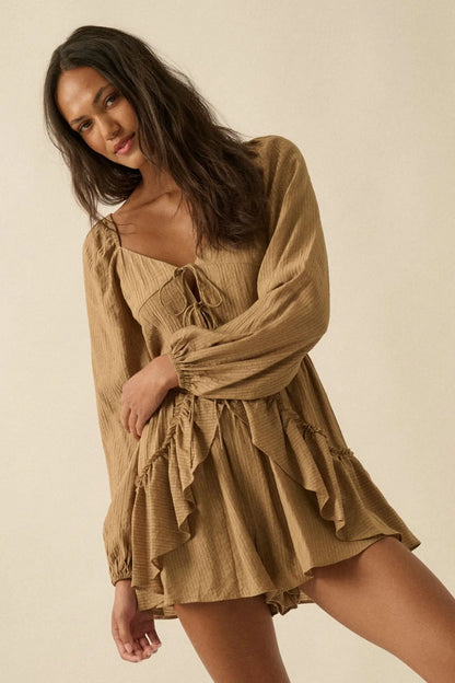 Lost in Love Tie-Front Ruffled Peasant Romper