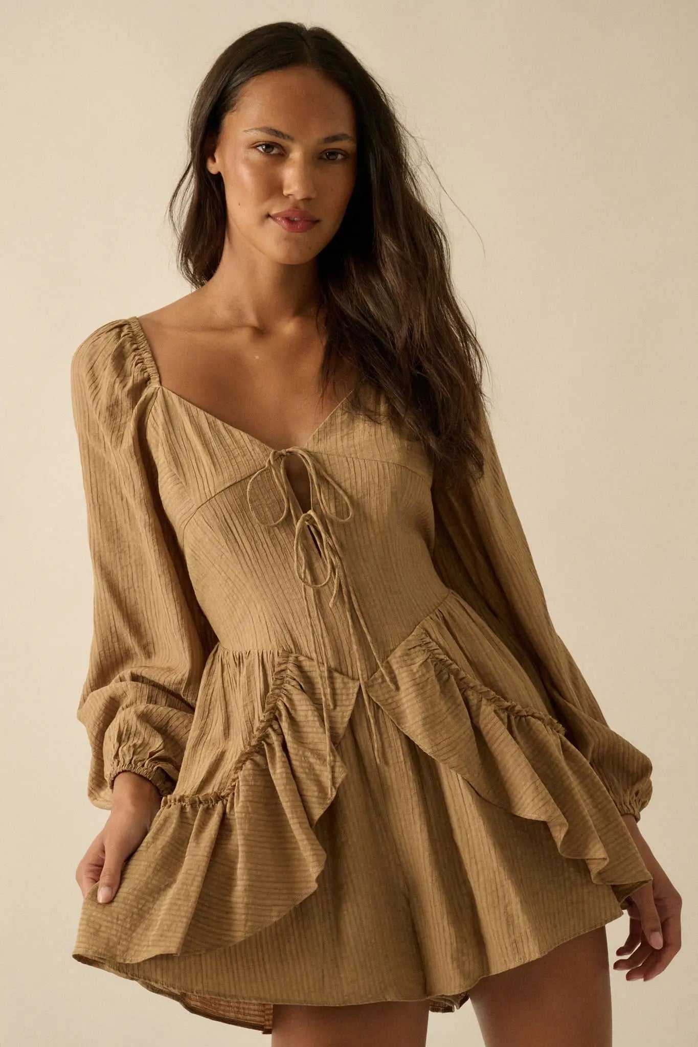 Lost in Love Tie-Front Ruffled Peasant Romper