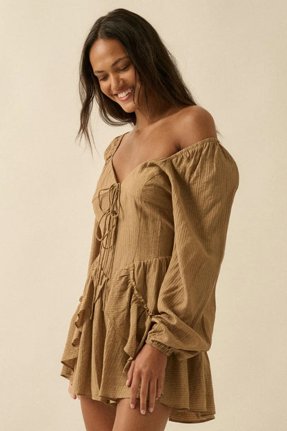 Lost in Love Tie-Front Ruffled Peasant Romper