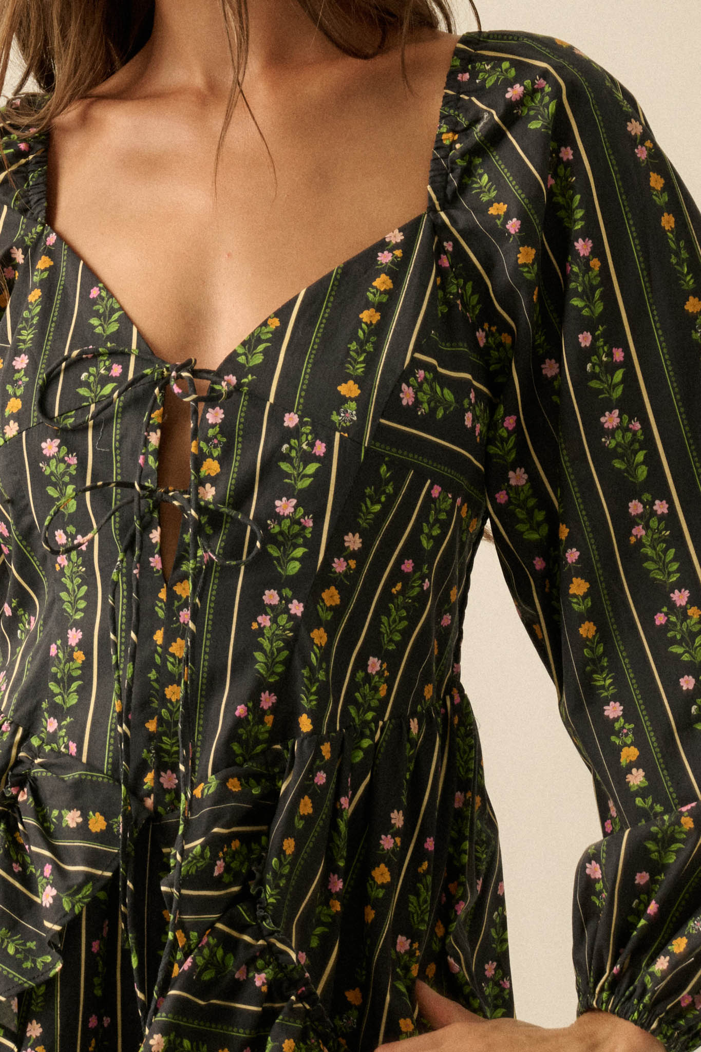 Floral Fields Floral-Stripe Ruffled Tie-Front Romper