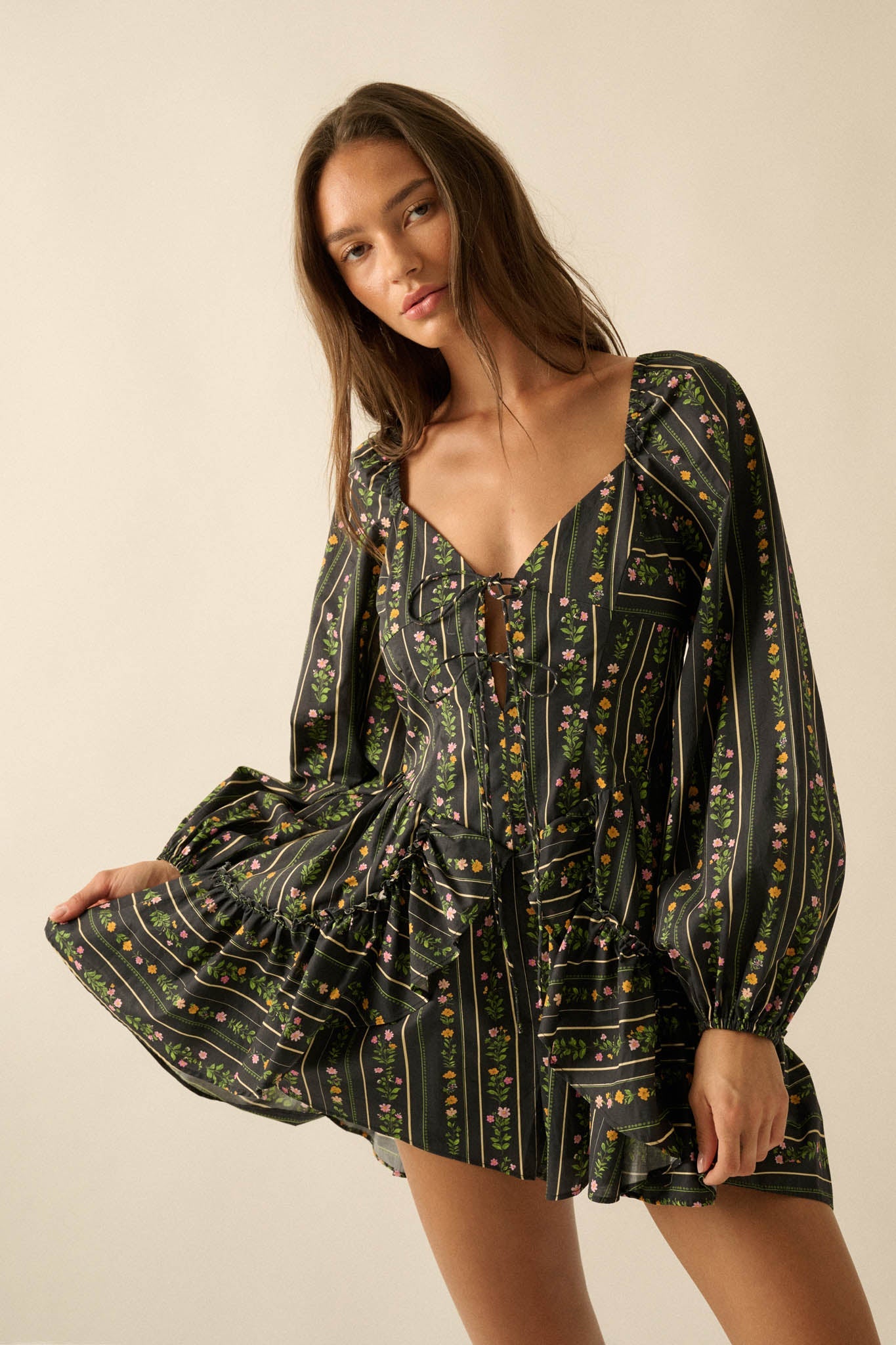 Floral Fields Floral-Stripe Ruffled Tie-Front Romper