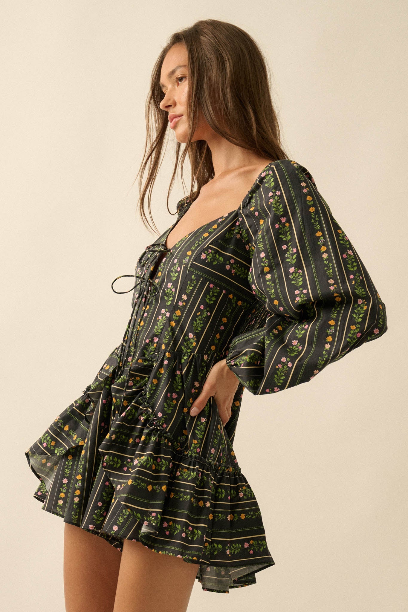 Floral Fields Floral-Stripe Ruffled Tie-Front Romper