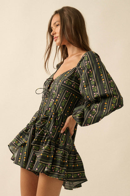 Floral Fields Floral-Stripe Ruffled Tie-Front Romper