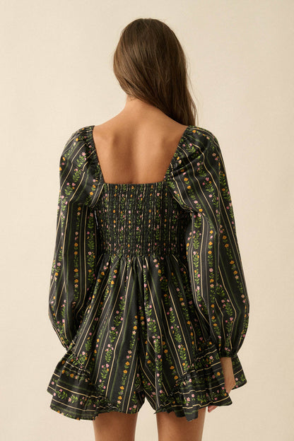 Floral Fields Floral-Stripe Ruffled Tie-Front Romper
