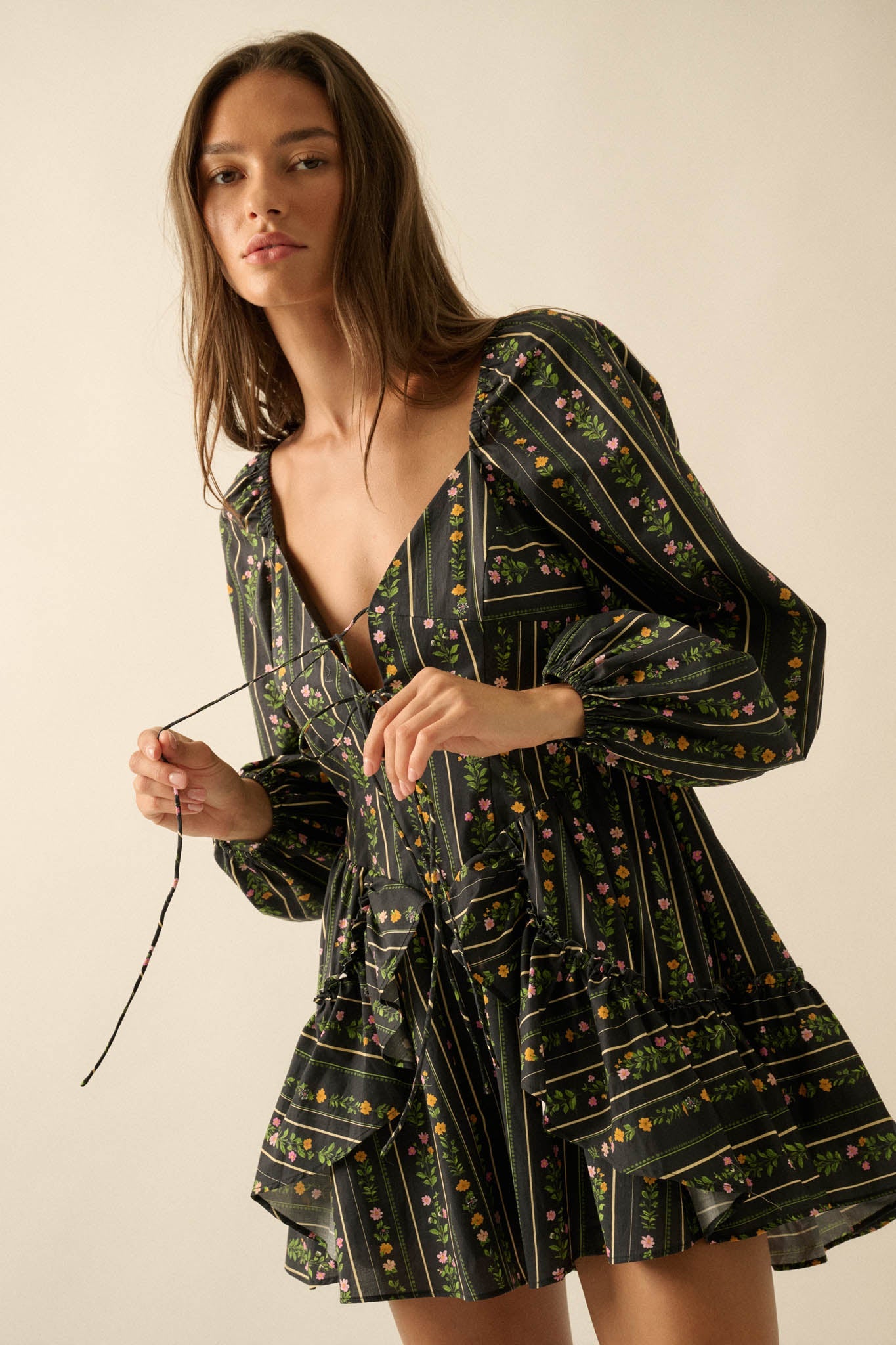 Floral Fields Floral-Stripe Ruffled Tie-Front Romper