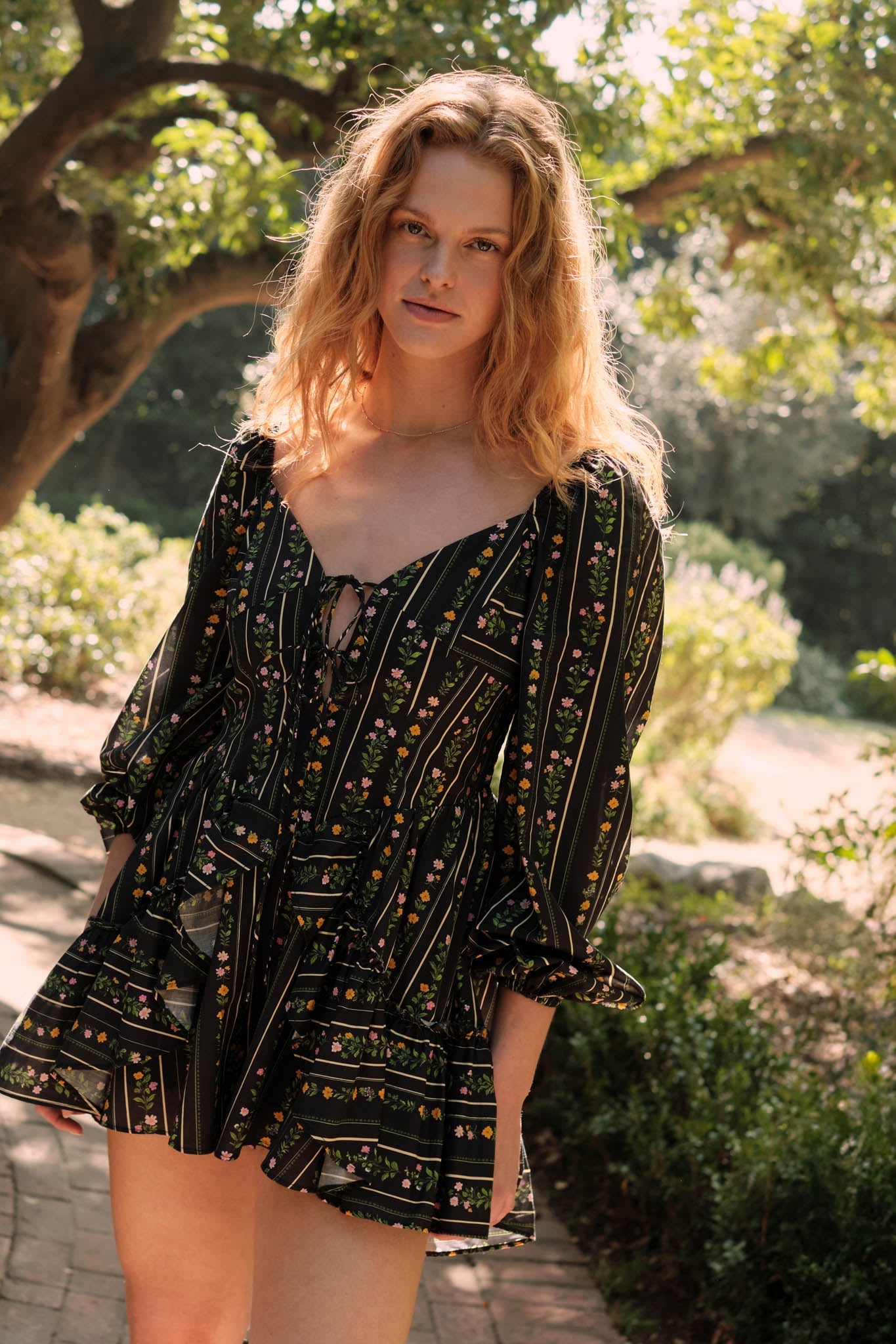 Floral Fields Floral-Stripe Ruffled Tie-Front Romper