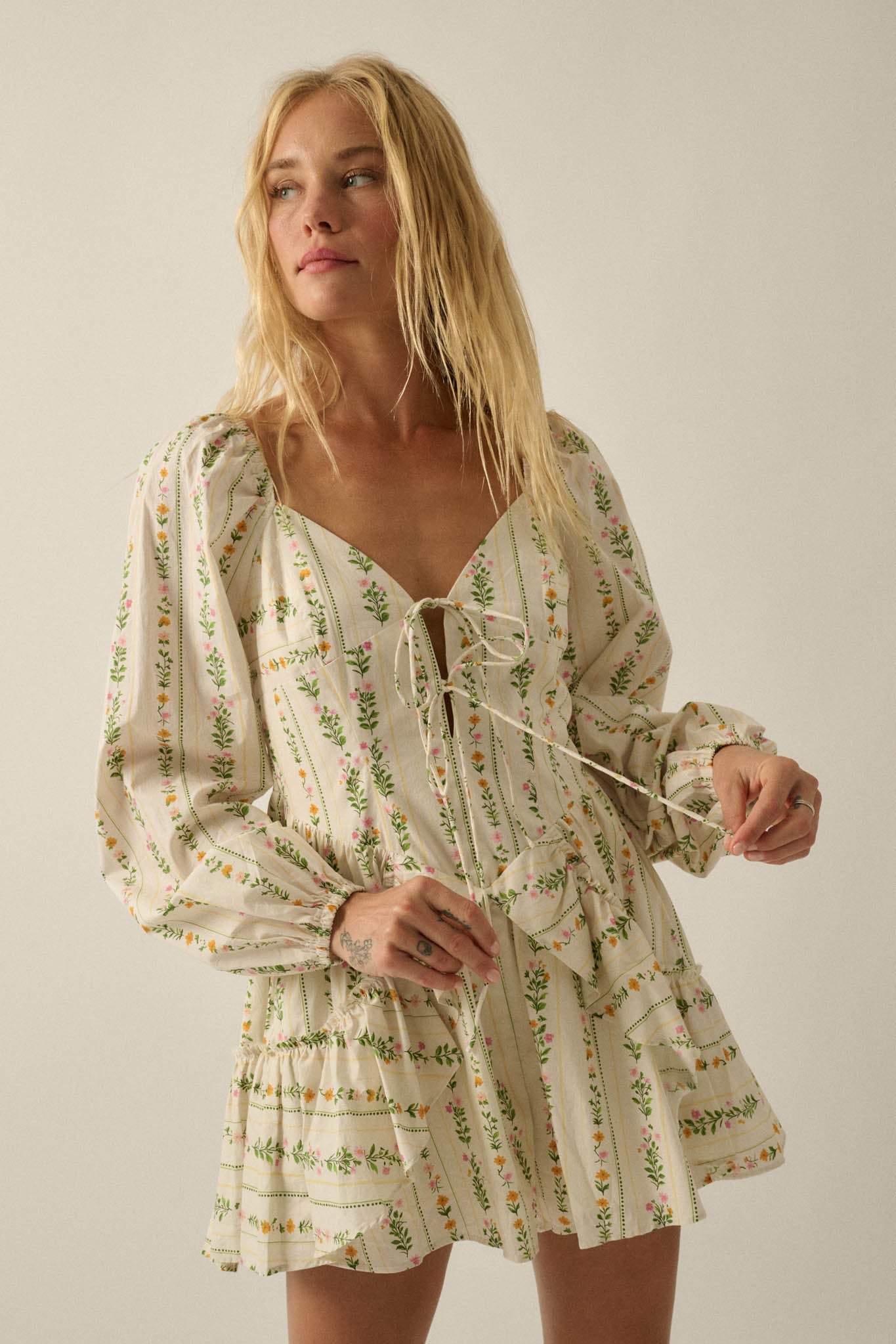 Floral Fields Floral-Stripe Ruffled Tie-Front Romper