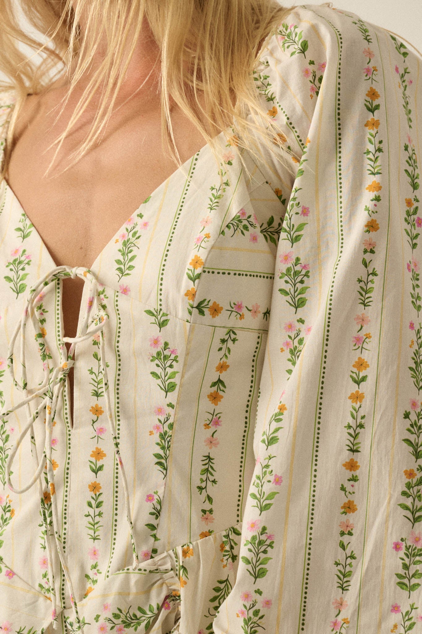 Floral Fields Floral-Stripe Ruffled Tie-Front Romper