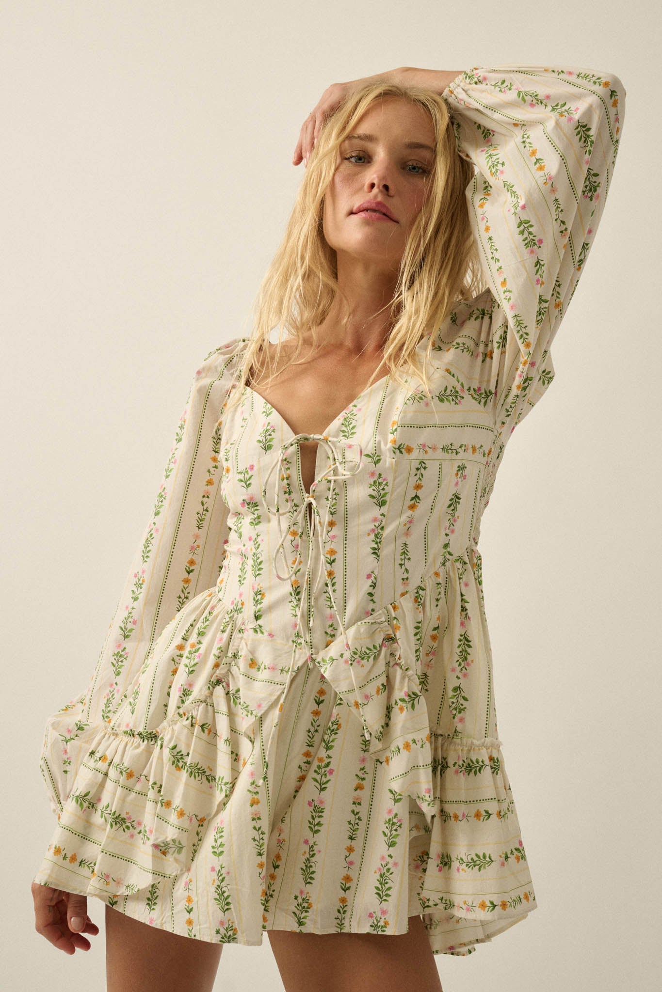 Floral Fields Floral-Stripe Ruffled Tie-Front Romper