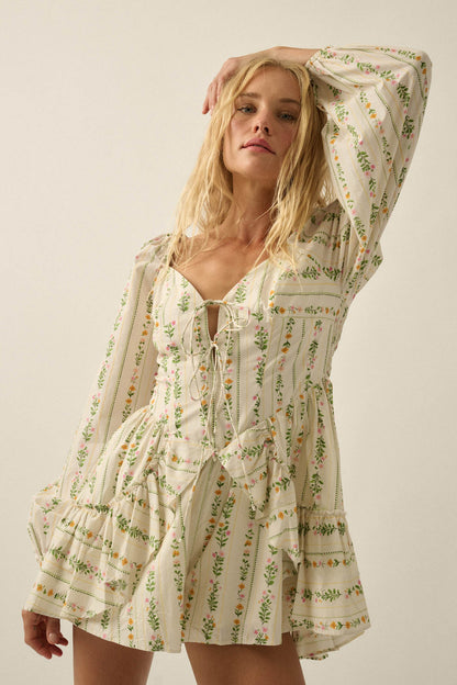 Floral Fields Floral-Stripe Ruffled Tie-Front Romper