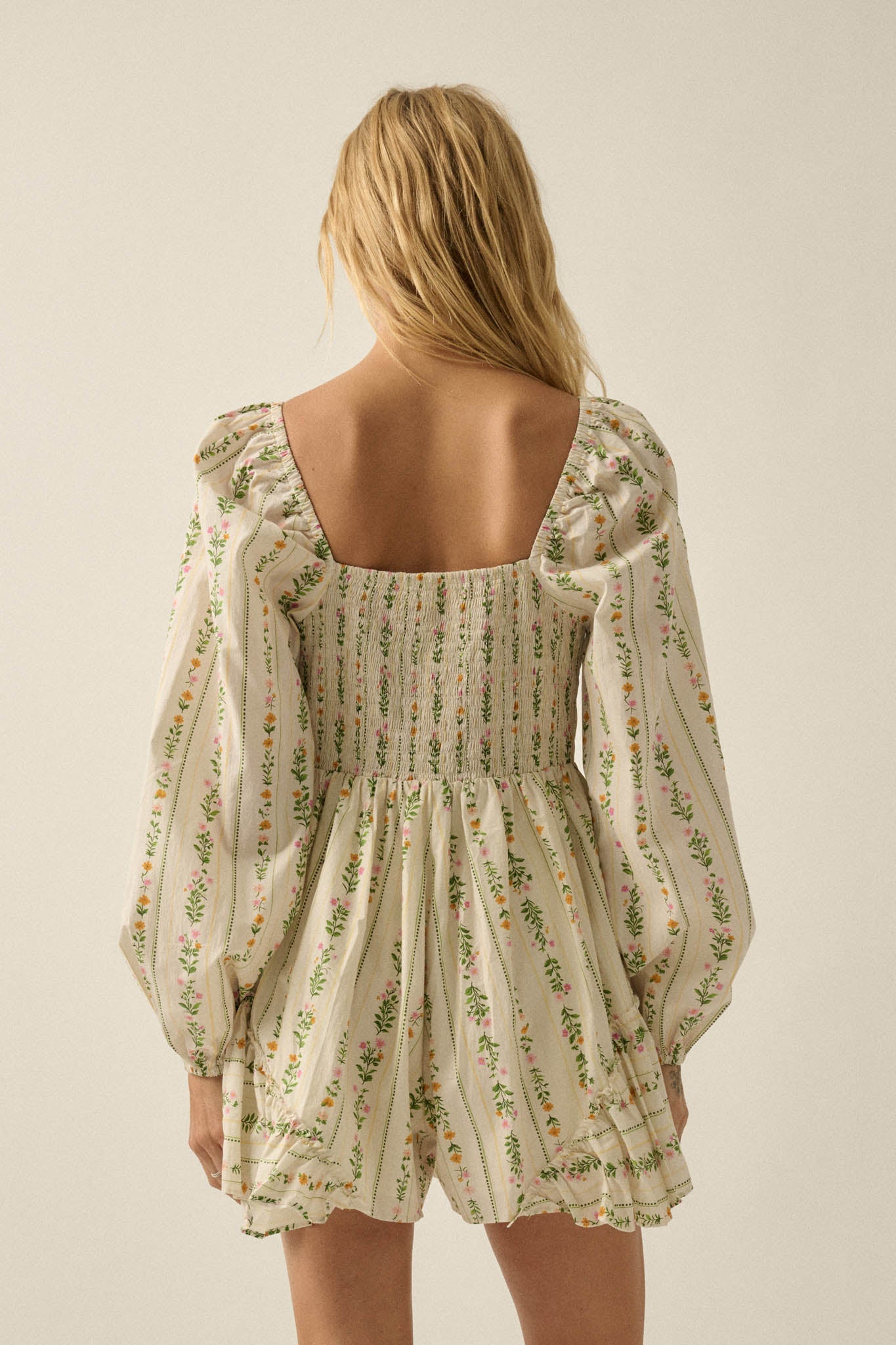 Floral Fields Floral-Stripe Ruffled Tie-Front Romper