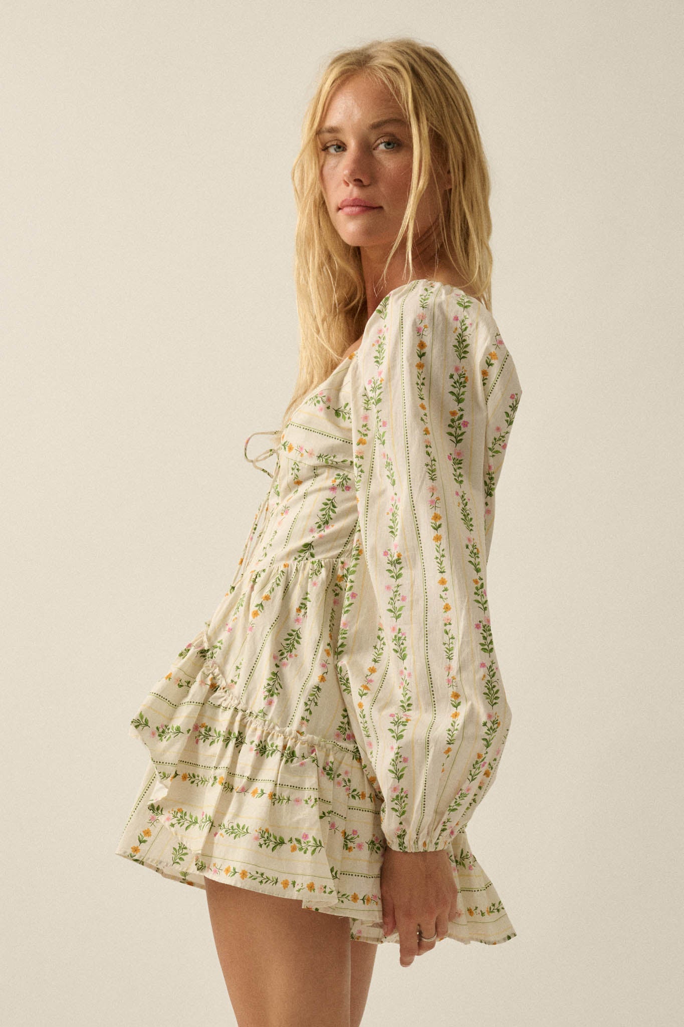 Floral Fields Floral-Stripe Ruffled Tie-Front Romper