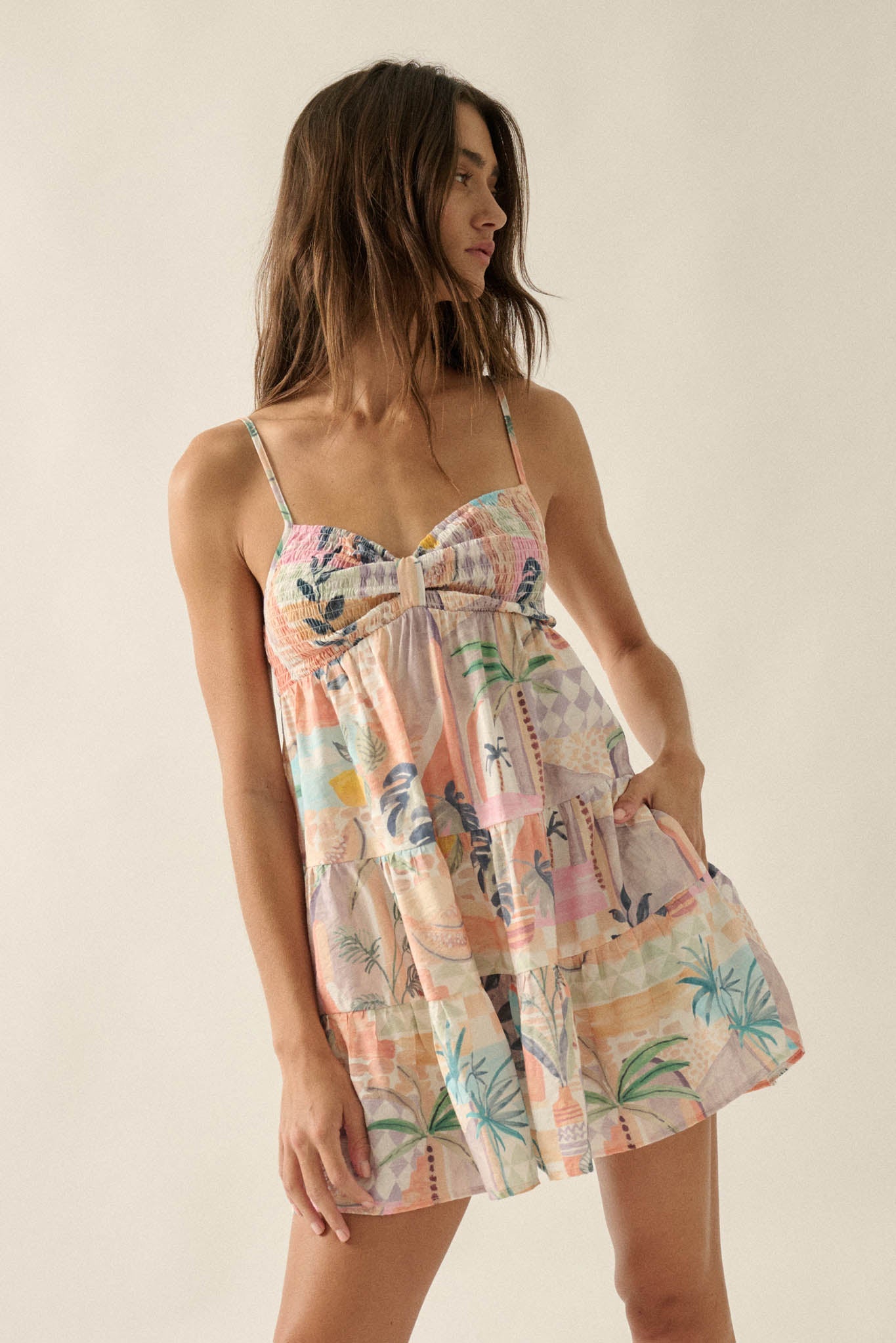 Miami Mood Tropical-Print Tiered Babydoll Romper