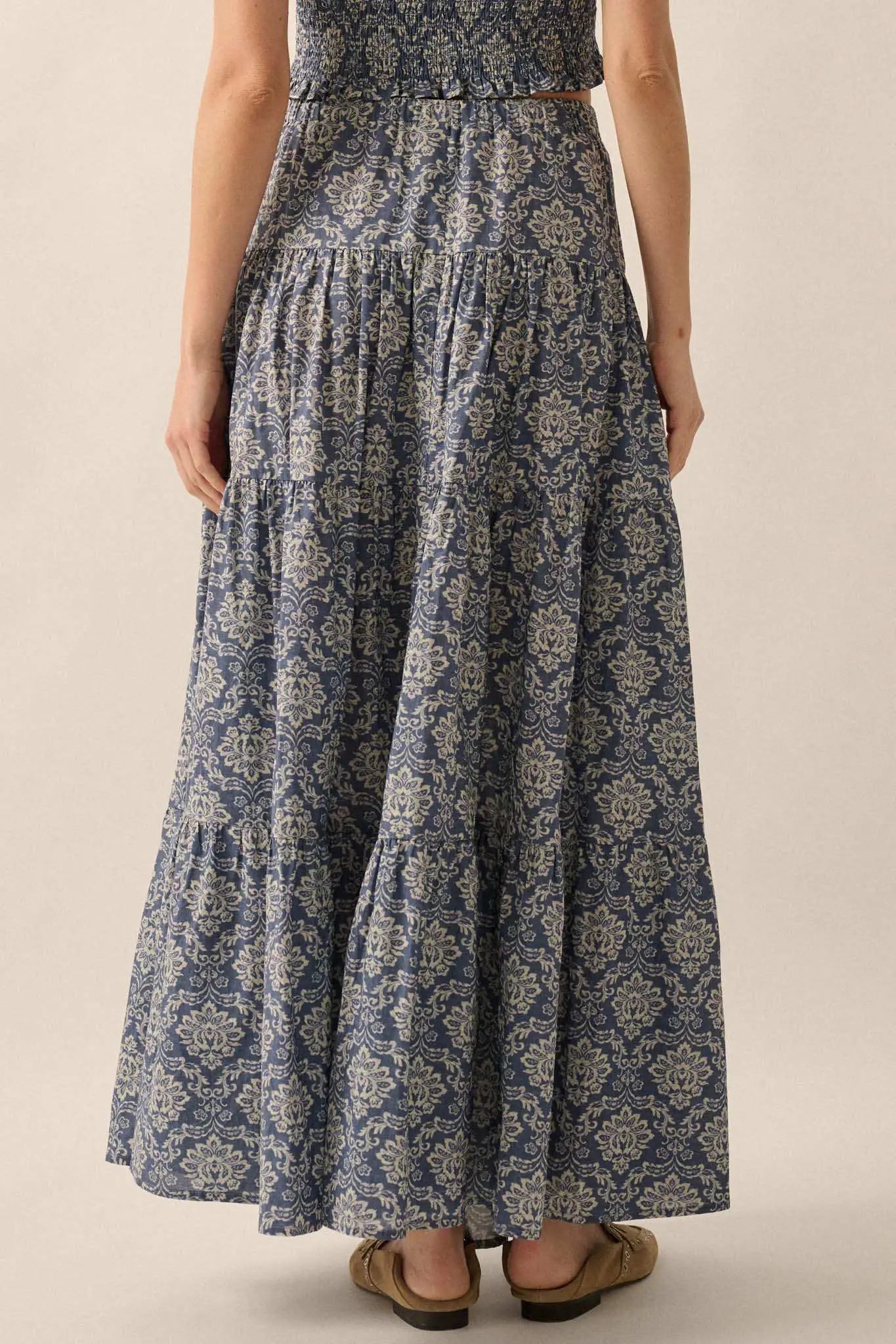 Lavish Blossoms Floral Tiered Ruffle Maxi Skirt
