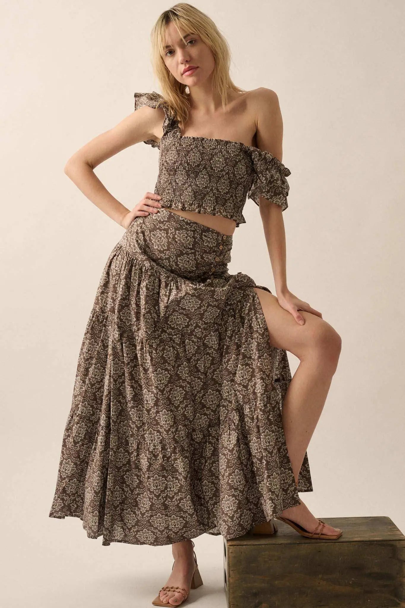 Lavish Blossoms Floral Tiered Ruffle Maxi Skirt