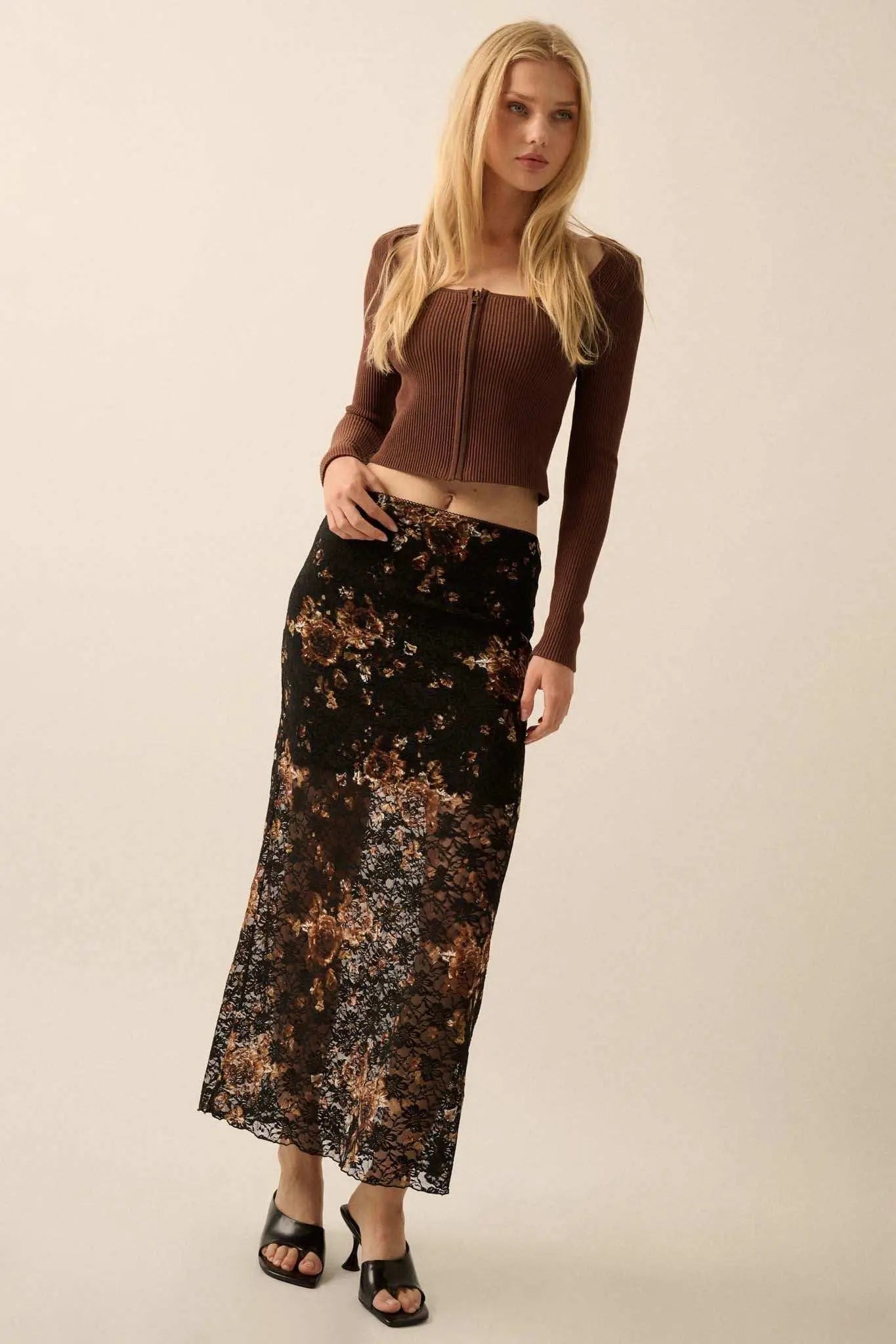 Fields of Gold Floral-Print Lace Maxi Skirt