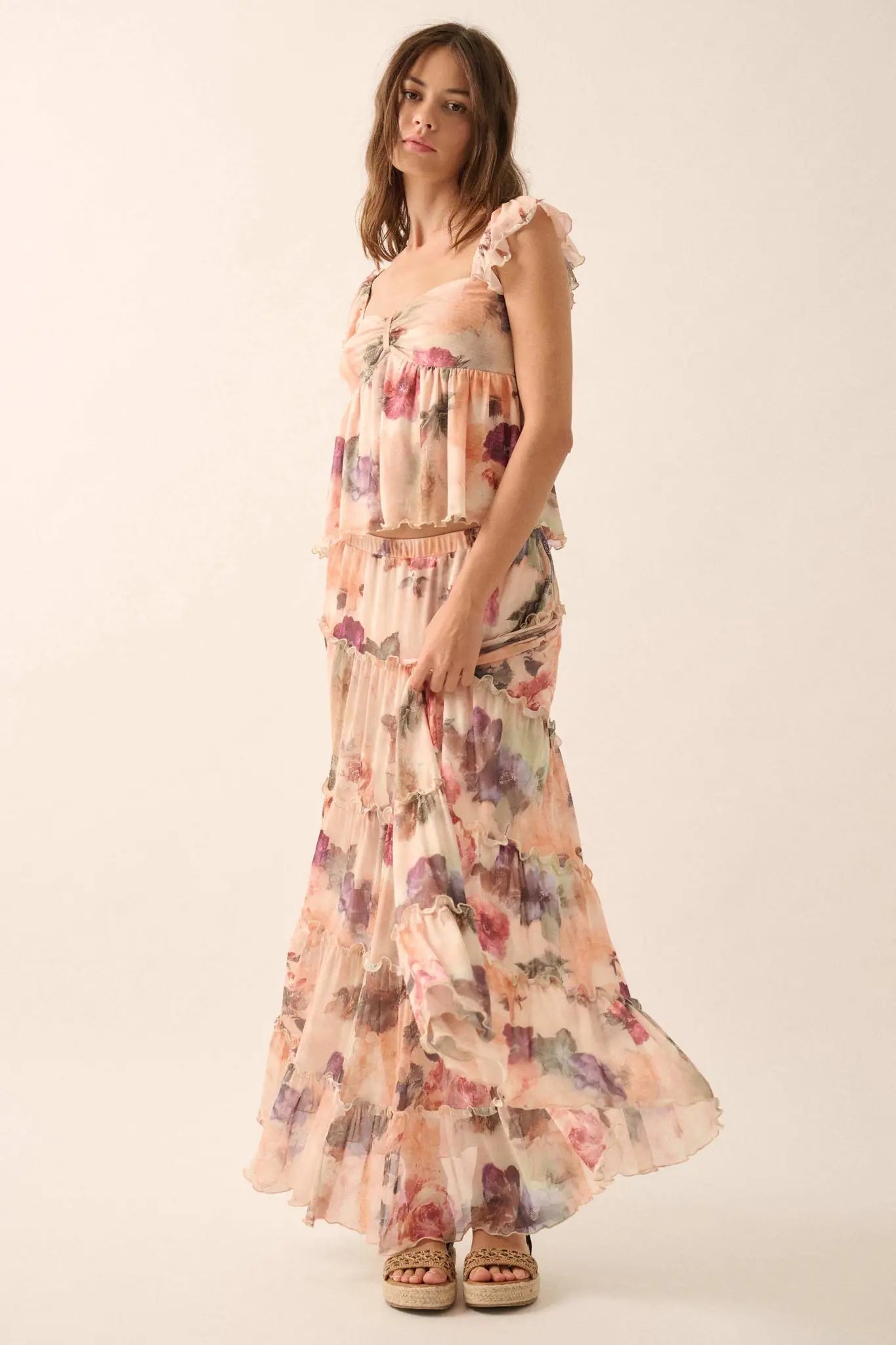Bashful Blush Floral Mesh Tiered Ruffle Maxi Skirt