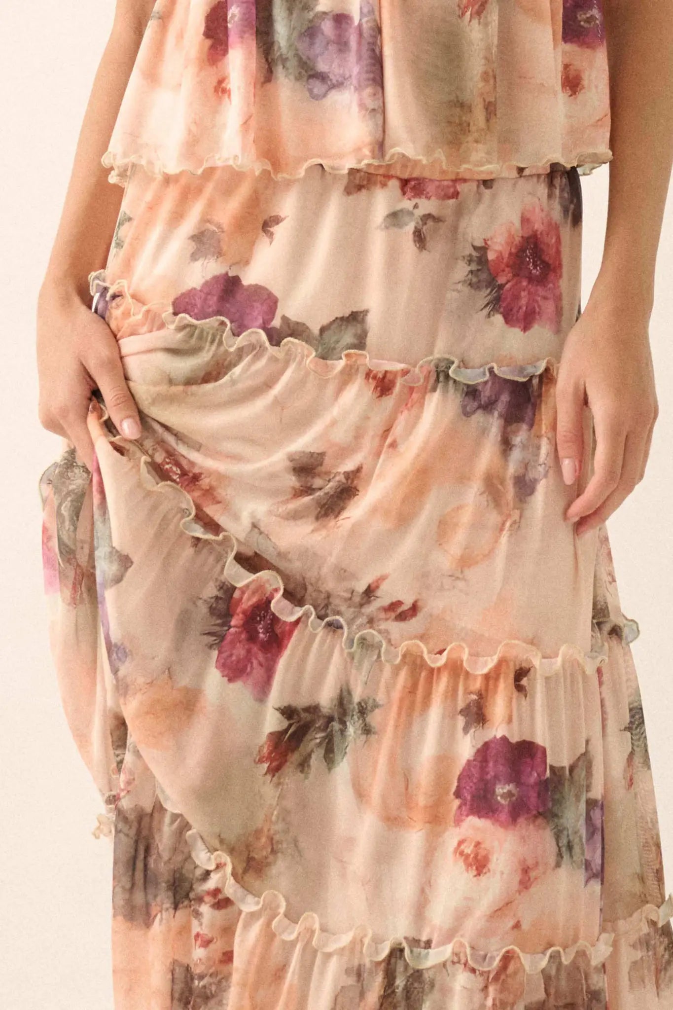 Bashful Blush Floral Mesh Tiered Ruffle Maxi Skirt