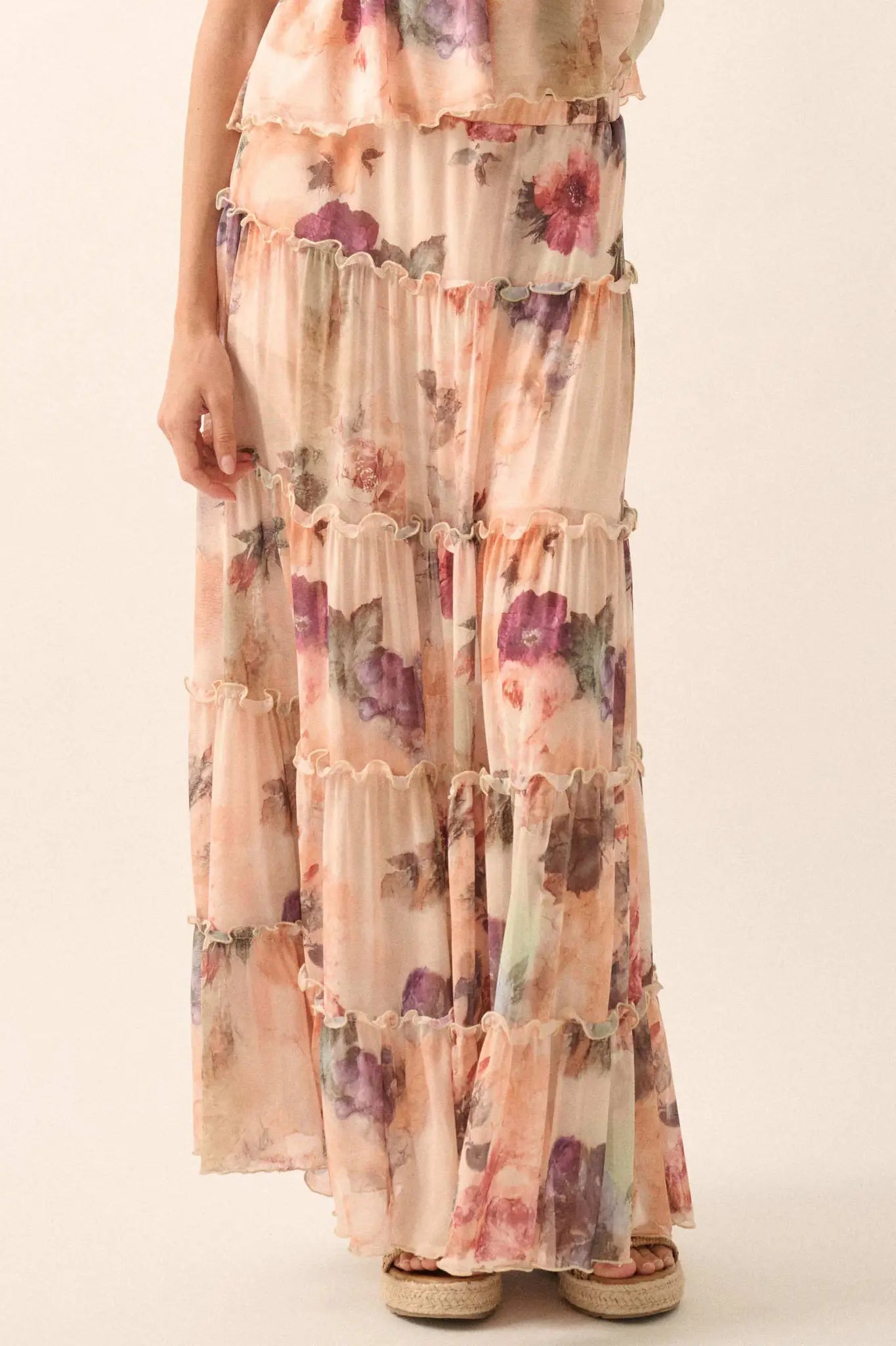 Bashful Blush Floral Mesh Tiered Ruffle Maxi Skirt