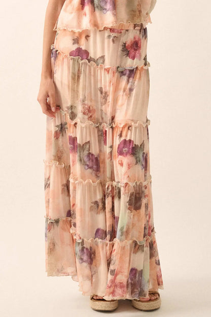 Bashful Blush Floral Mesh Tiered Ruffle Maxi Skirt