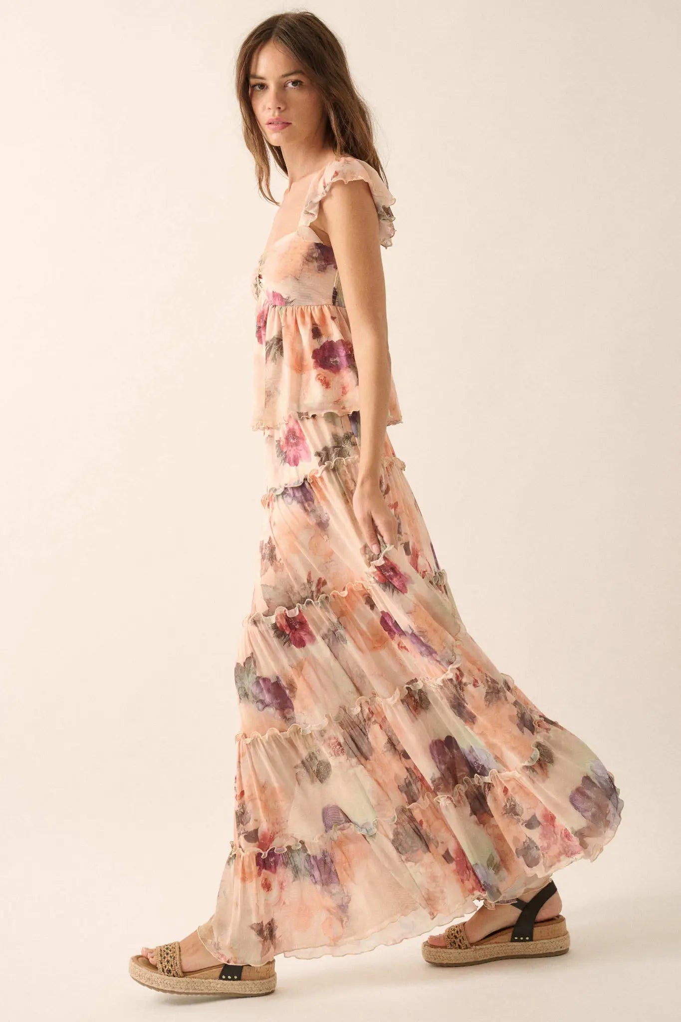 Bashful Blush Floral Mesh Tiered Ruffle Maxi Skirt