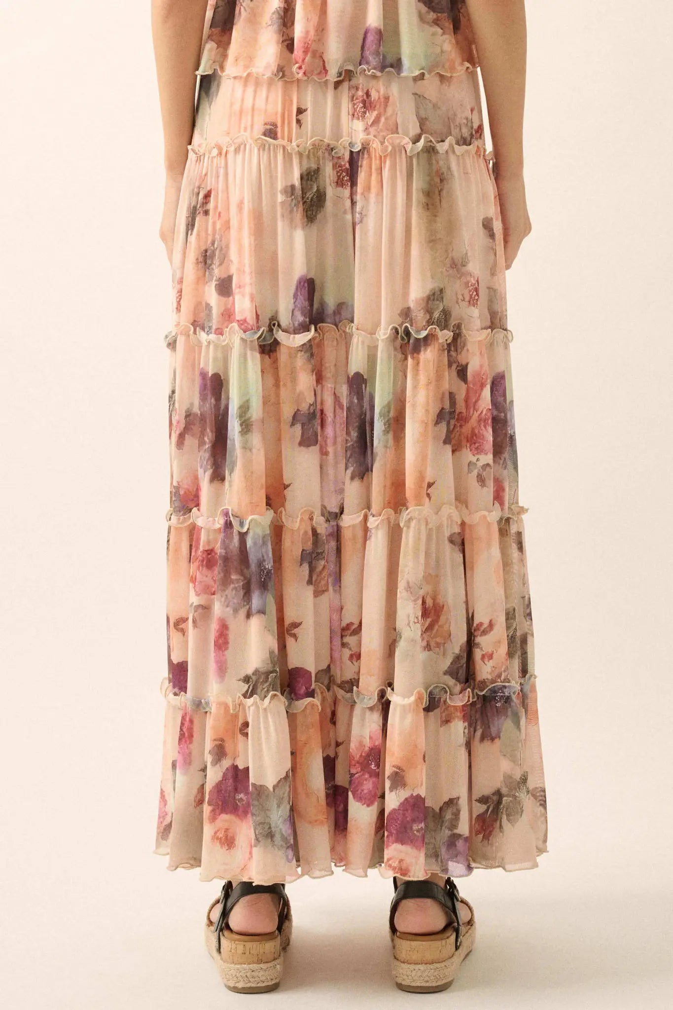 Bashful Blush Floral Mesh Tiered Ruffle Maxi Skirt