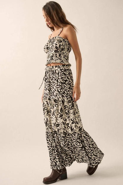 Spring Splendor Colorblock Floral Tiered Maxi Skirt
