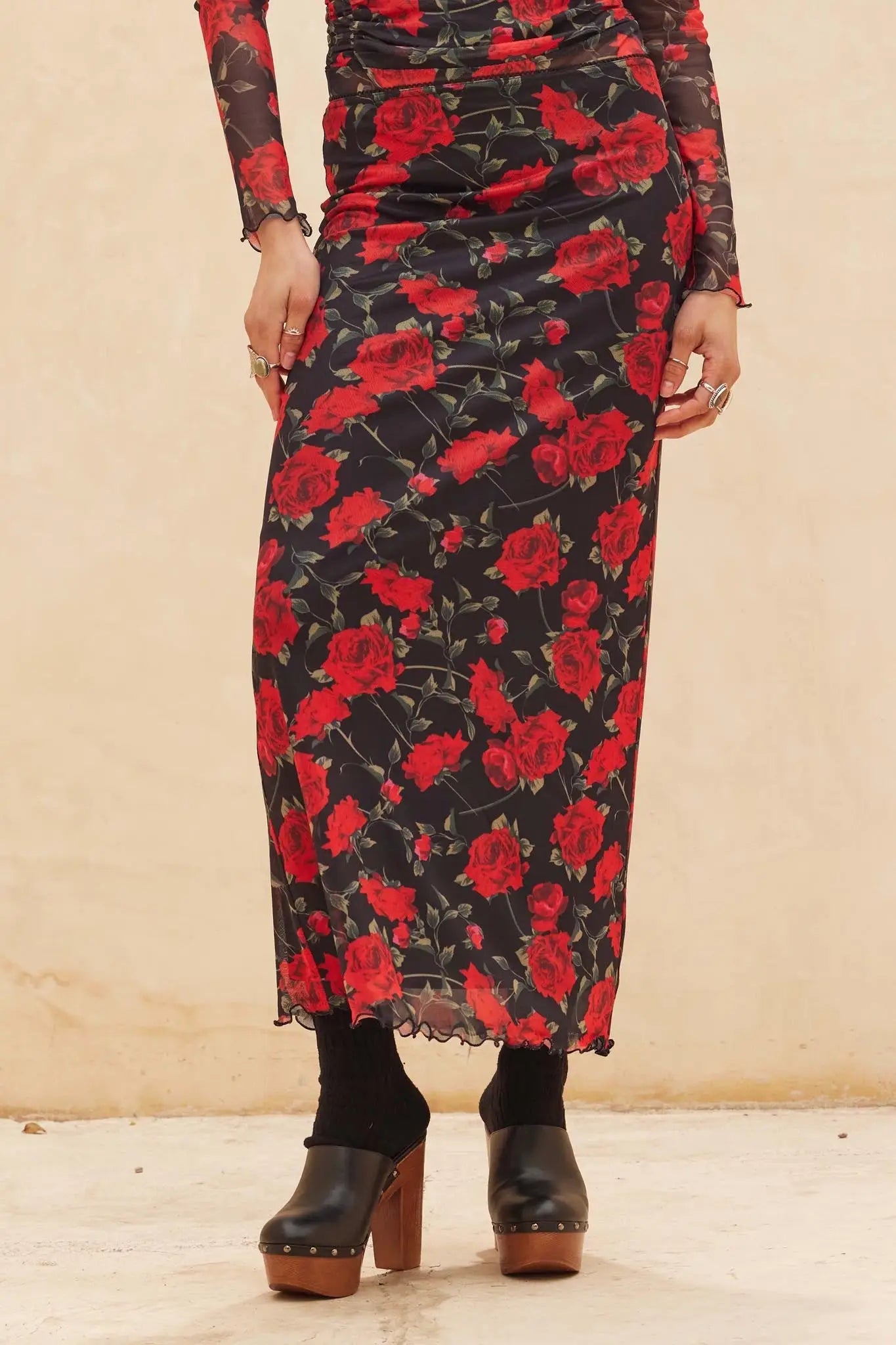All Abloom Floral Mesh Lettuce-Edge Maxi Skirt