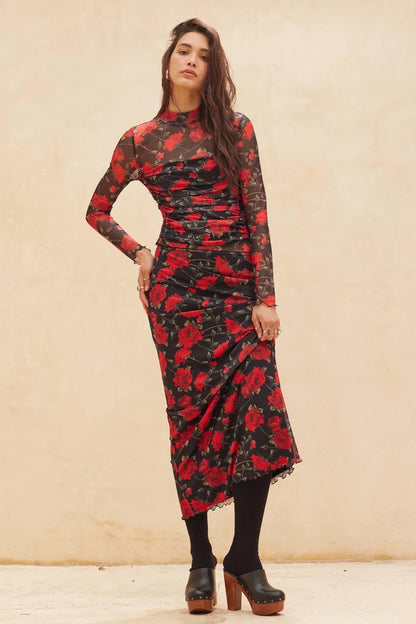 All Abloom Floral Mesh Lettuce-Edge Maxi Skirt