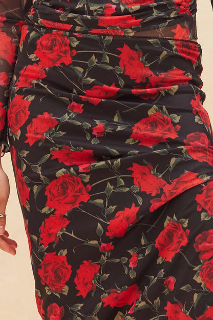 All Abloom Floral Mesh Lettuce-Edge Maxi Skirt
