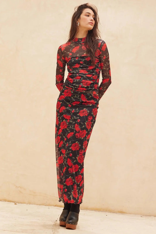All Abloom Floral Mesh Lettuce-Edge Maxi Skirt