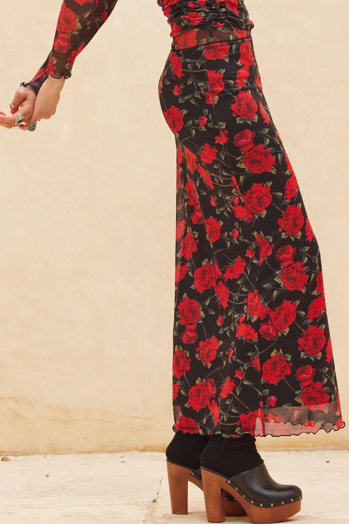 All Abloom Floral Mesh Lettuce-Edge Maxi Skirt