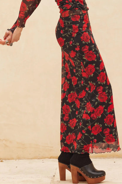 All Abloom Floral Mesh Lettuce-Edge Maxi Skirt