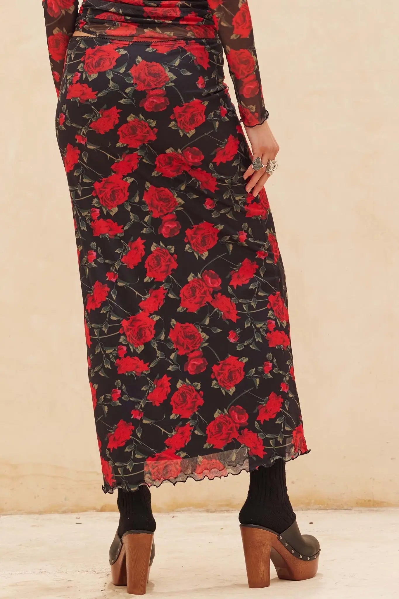 All Abloom Floral Mesh Lettuce-Edge Maxi Skirt